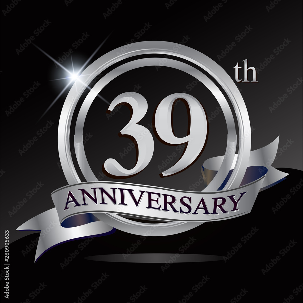 39th anniversary logo with silver ring and ribbon. Vector design template elements for your birthday celebration. 39th anniversary logo with silver ring and ribbon. Vector design template elements for your birthday celebration.