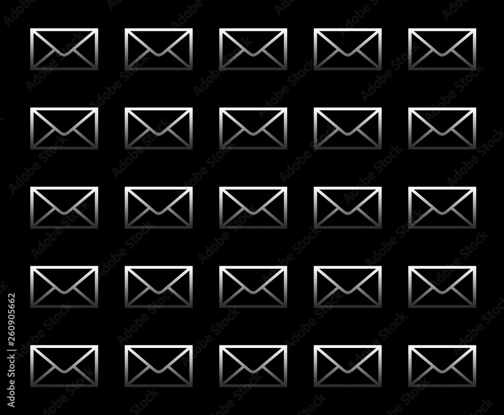 mail icons gray color gradient in row of five on a black background mail icons gray color gradient in row of five on a black background