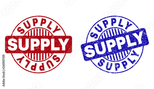 Grunge SUPPLY round stamp seals isolated on a white background. Round seals with grunge texture in red and blue colors. Vector rubber imprint of SUPPLY tag inside circle form with stripes.