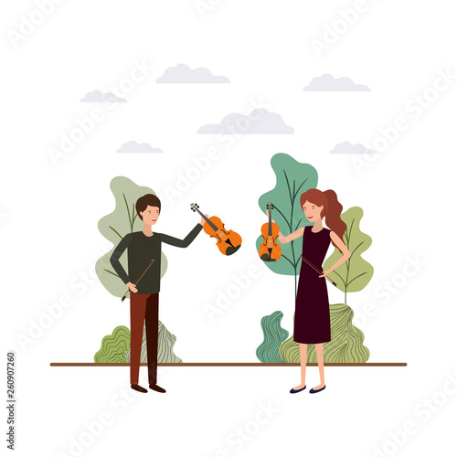 couple with musical instruments in landscape