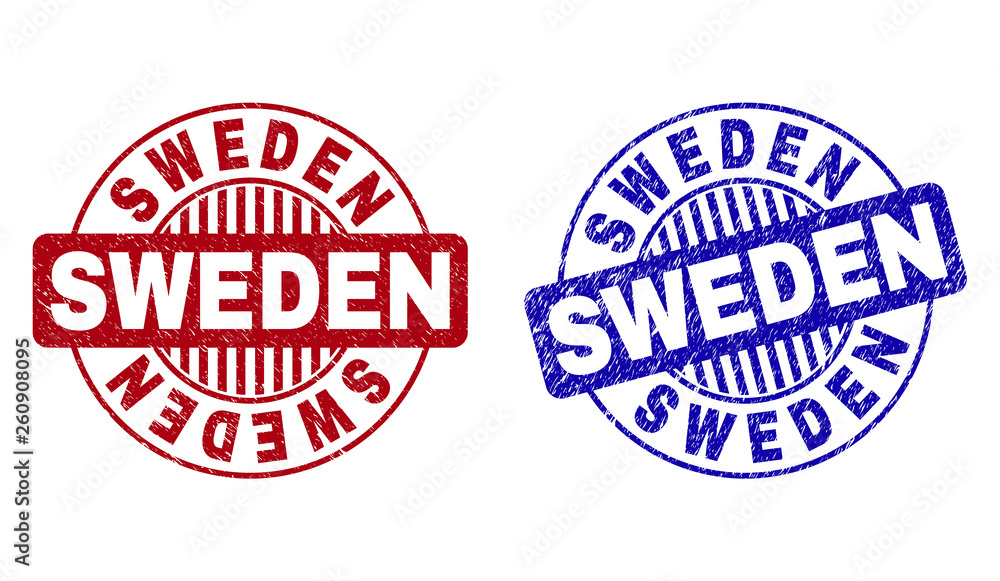 Fototapeta premium Grunge SWEDEN round stamp seals isolated on a white background. Round seals with grunge texture in red and blue colors. Vector rubber imprint of SWEDEN caption inside circle form with stripes.