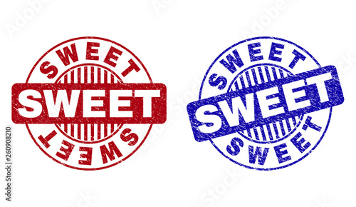 Grunge SWEET round stamp seals isolated on a white background. Round seals with distress texture in red and blue colors. Vector rubber imprint of SWEET title inside circle form with stripes.
