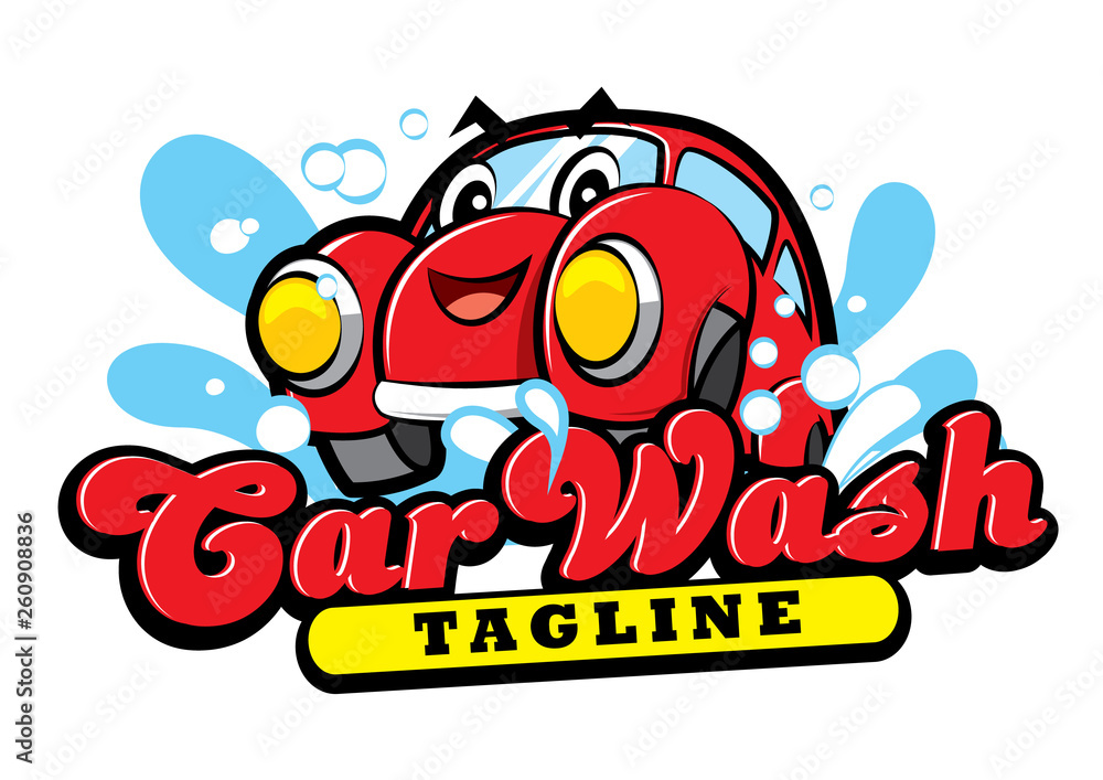 Cute Happy red car character cartoon for car wash logo Vector