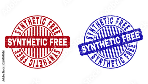 Grunge SYNTHETIC FREE round stamp seals isolated on a white background. Round seals with grunge texture in red and blue colors.
