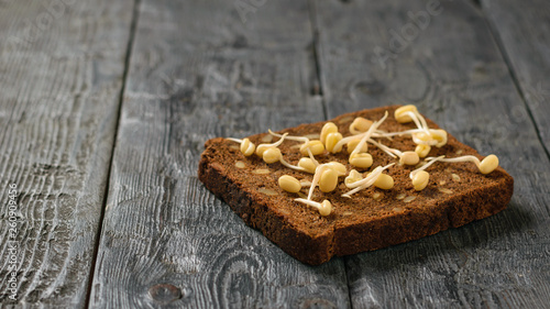 A piece of dark bread with sprouted mung beans on a black wooden table. © kvladimirv