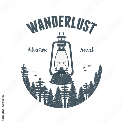 wanderlust label with forest scene and kerosene lamp