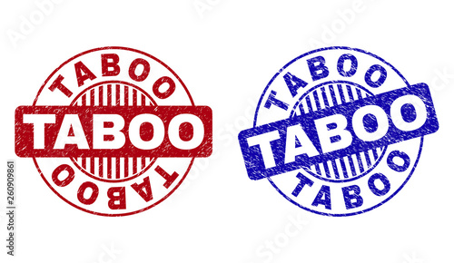 Grunge TABOO round stamp seals isolated on a white background. Round seals with grunge texture in red and blue colors. Vector rubber imprint of TABOO caption inside circle form with stripes.