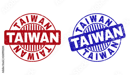 Grunge TAIWAN round stamp seals isolated on a white background. Round seals with grunge texture in red and blue colors. Vector rubber imprint of TAIWAN label inside circle form with stripes.