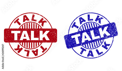 Grunge TALK round stamp seals isolated on a white background. Round seals with grunge texture in red and blue colors. Vector rubber imprint of TALK text inside circle form with stripes.