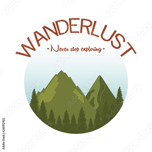 wanderlust label with landscape and forest scene