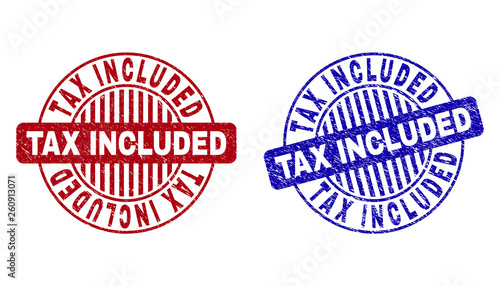 Grunge TAX INCLUDED round stamp seals isolated on a white background. Round seals with distress texture in red and blue colors.