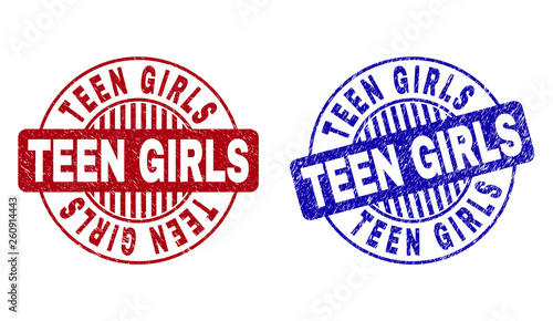 Grunge TEEN GIRLS round stamp seals isolated on a white background. Round seals with grunge texture in red and blue colors. Vector rubber imprint of TEEN GIRLS text inside circle form with stripes.