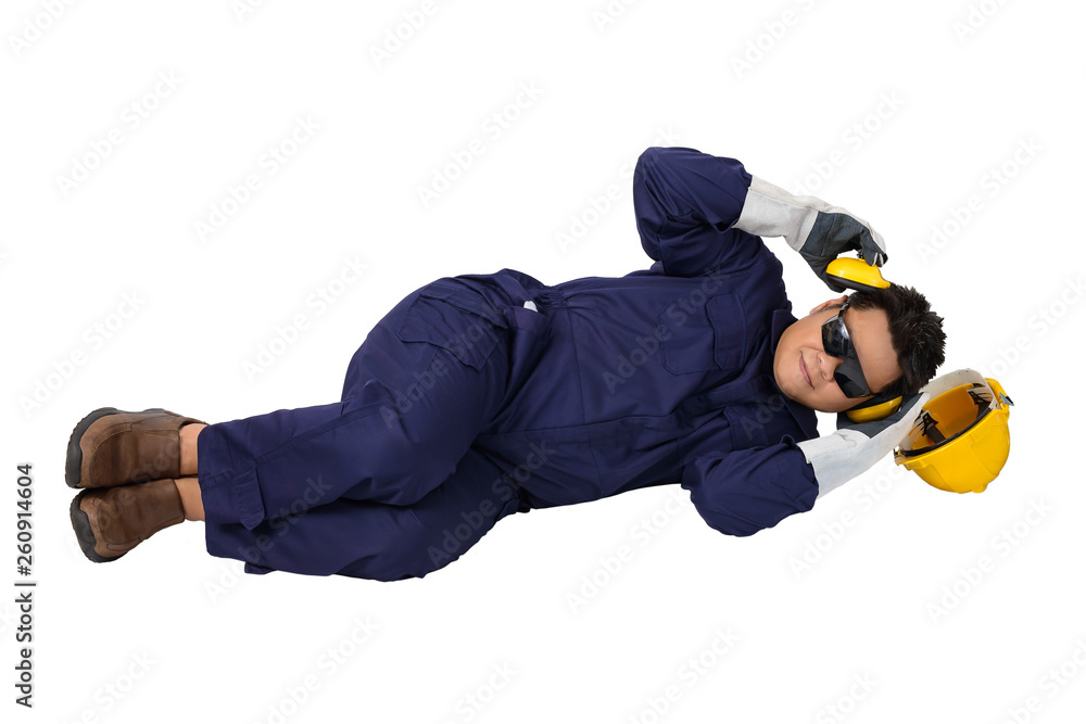 worker in Mechanic Jumpsuit had an accident at work isolated on white background worker in Mechanic Jumpsuit had an accident at work isolated on white background