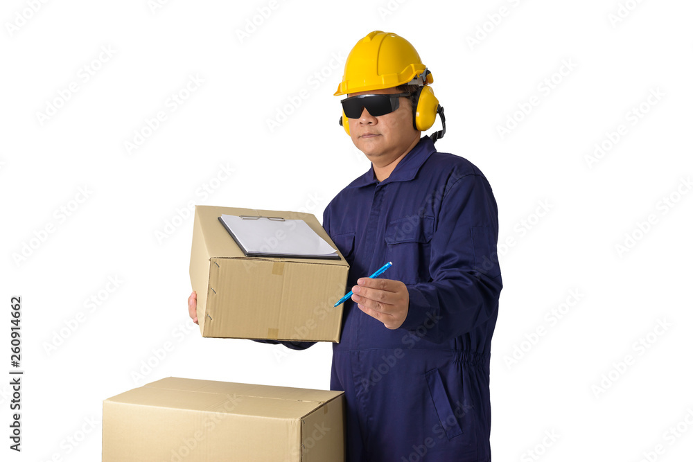 worker in Mechanic Jumpsuit or delivery man carrying parcel and presenting receiving form for customer isolated on white background worker in Mechanic Jumpsuit or delivery man carrying parcel and presenting receiving form for customer isolated on white background