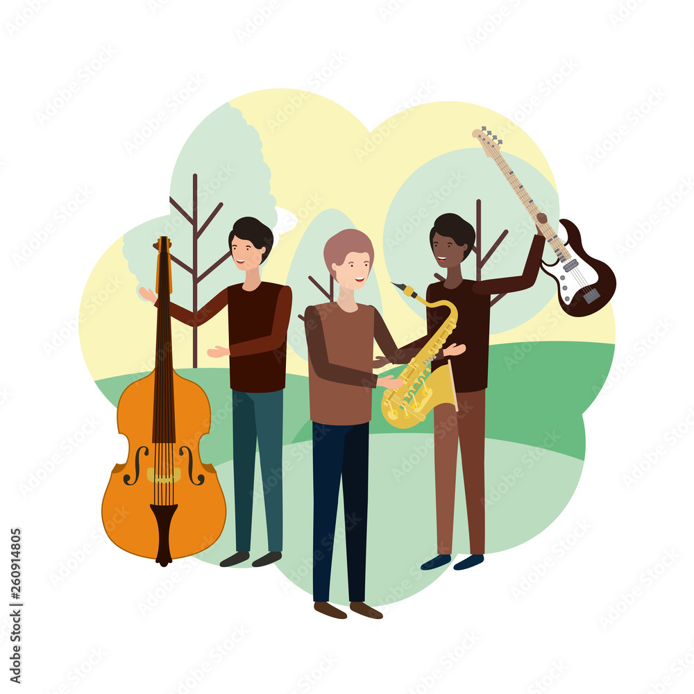 Fototapeta premium men with musical instruments in landscape