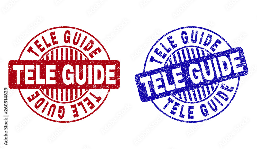 Grunge TELE GUIDE round stamp seals isolated on a white background. Round seals with distress texture in red and blue colors. Grunge TELE GUIDE round stamp seals isolated on a white background. Round seals with distress texture in red and blue colors.