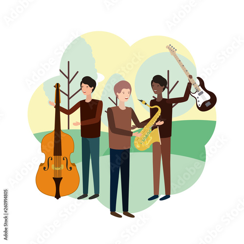 men with musical instruments in landscape