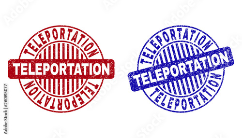 Grunge TELEPORTATION round stamp seals isolated on a white background. Round seals with grunge texture in red and blue colors.