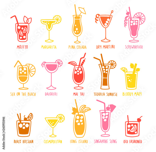 Beverages drinks silhouettes set with the names of the coctails, isolated on a white background, doodles, hand drawn style. Vector illustration.