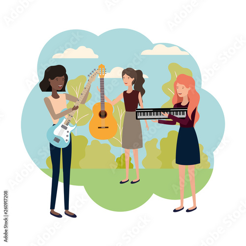 women with musical instruments in landscape