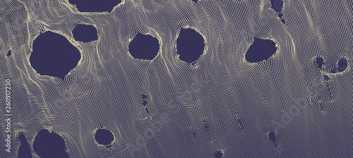 This spiderweb has been broken. Abstract grid background with hole. Array with dynamic particles. Texture. 3D grid surface.  Technology vector illustration.