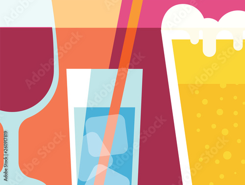 Abstract beverage design in flat cut out style. Wine, beer, water. Vector illustration.	