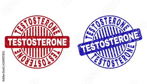 Grunge TESTOSTERONE round stamp seals isolated on a white background. Round seals with grunge texture in red and blue colors.