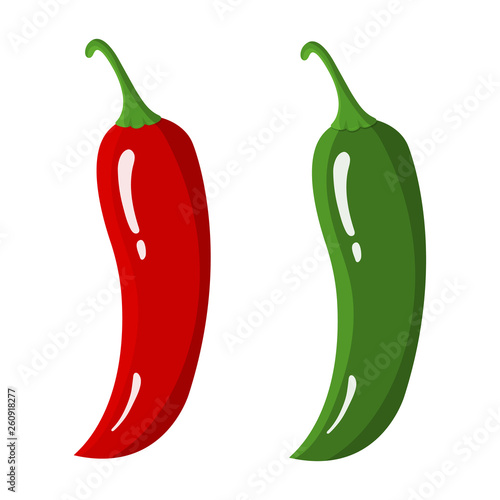 Red and Green Chilli Peppers isolated on white background. Fresh Food Spice for Market, Recipe. Cartoon Flat Style. Vector illustration for Your Design, Web.