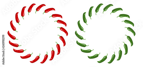 Red and Green Chilli Pepper Wreath. Fresh Vegetables isolated on white background. Circle Frame from Pepper for Market, Recipe Design. Cartoon Flat Style. Vector illustration for Your Design, Web.