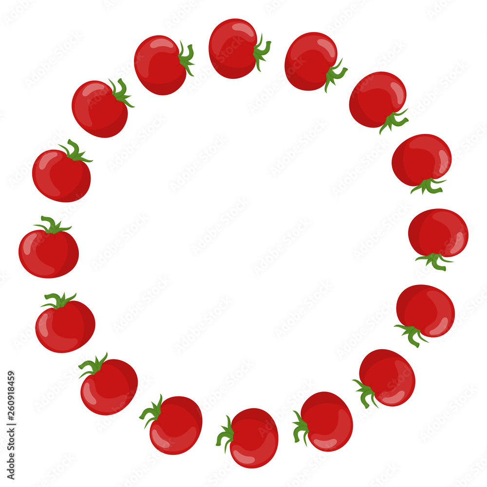 Circle Frame from Tomatoes with Space for Text. Fresh Red Tomato Vegetable isolated on white background. For Market, Recipe Design. Organic Food. Cartoon Style. Vector illustration for Your Design. Circle Frame from Tomatoes with Space for Text. Fresh Red Tomato Vegetable isolated on white background. For Market, Recipe Design. Organic Food. Cartoon Style. Vector illustration for Your Design.