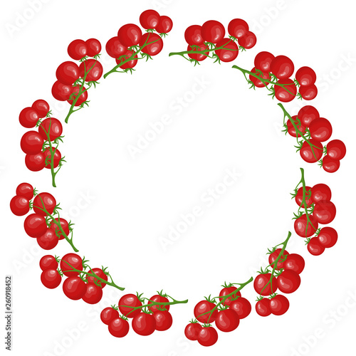 Wreath from Tomatoes with Space for Text. Raw Ripe Red Cherry Tomato Branch Vegetable isolated on white background. Organic Food. Cartoon Style. Vector illustration for Your Design, Web.