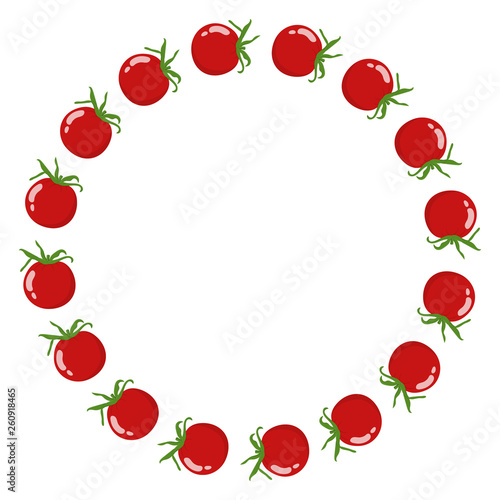 Wreath from Tomatoes with Space for Text. Fresh Red Tomato Vegetable isolated on white background. For Market, Recipe Design. Organic Food. Cartoon Style. Vector illustration for Your Design, Web.