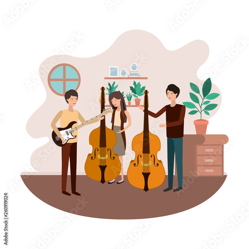 group of people with musical instruments in living room