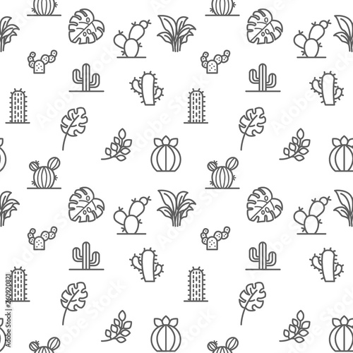 Plant icons seamless pattern grey vector on white background. Collection Of cactus, cacti, monstera, bough, leaf. Template for design fabric, backgrounds, wrapping paper.