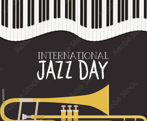 jazz day poster with piano keyboard and trumpet