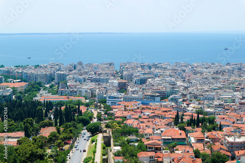 Fototapeta Naklejka Na Ścianę i Meble -  Panoramic view to city of Thessaloniki and mediterranean sea from old byzantine city wall, Greece