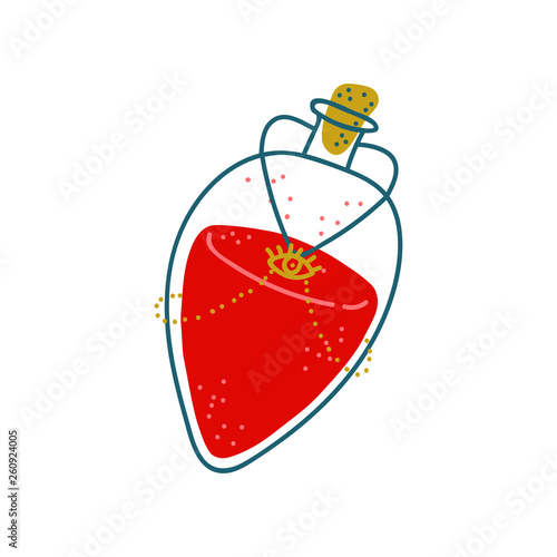 Potion Bottle, Glass Transparent Flask with Red Liquid, Magic Object, Witchcraft Attribute Vector Illustration