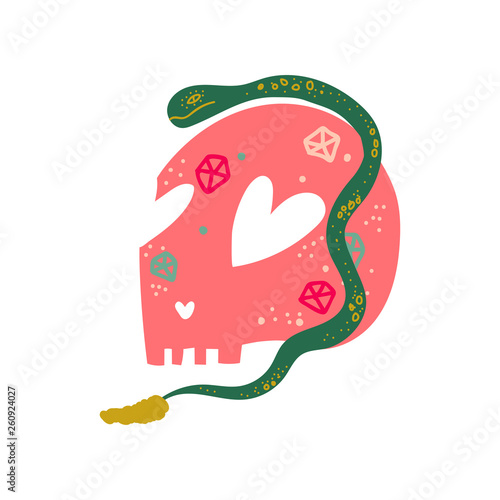 Human Skull and Snake, Magic Object, Witchcraft Attribute Vector Illustration