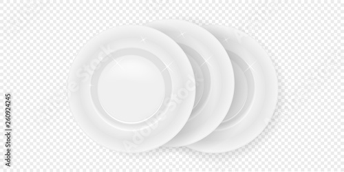 Plate dish 3D white round isolated on transparent background. Vector porcelain soup plate or bowl. Disposable plastic or paper realistic kitchenware icon