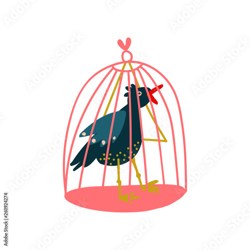 Raven in Birdcage, Magic Object, Witchcraft Attribute Vector Illustration