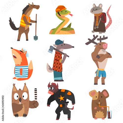 Animals of Different Professions Set, Horse, Snake, Rat, Fox, Wolf, Deer, Owl, Bull, Mouse Humanized Animals Cartoon Characters Vector Illustration photo