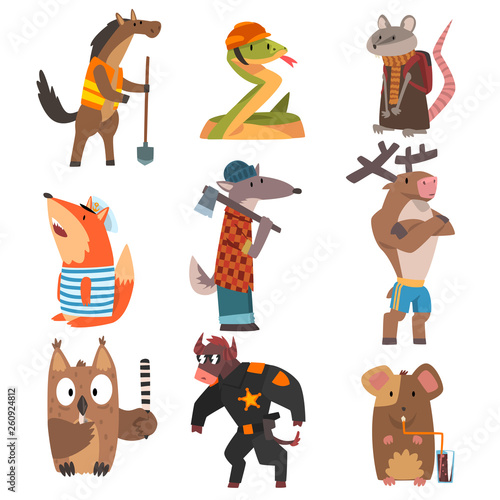 Animals of Different Professions Set, Horse, Snake, Rat, Fox, Wolf, Deer, Owl, Bull, Mouse Humanized Animals Cartoon Characters Vector Illustration
