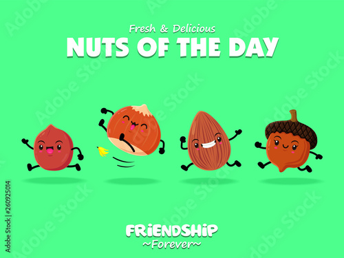 Vintage food poster design with vector almond, peanut, acorn, hazelnut characters.