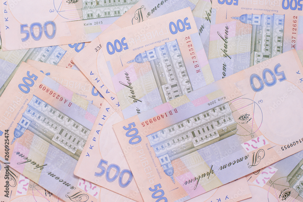 hryvnia UAH Ukrainian banknotes. 500 Ukraine national financies background.