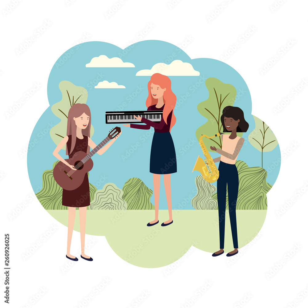 women with musical instruments in landscape women with musical instruments in landscape