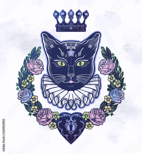 Black cat silhouette portrait and beautiful wreath of flowers.Ideal Halloween background, tattoo art, boho design. Perfect for print, posters, t-shirts,textiles. Vector illustration. photo