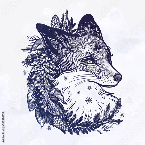 A fox with a wreath of coniferous forest plants. Dreamy magic art. Night, nature, wicca symbol. Isolated vector illustration. Great outdoors, tattoo and t-shirt design.