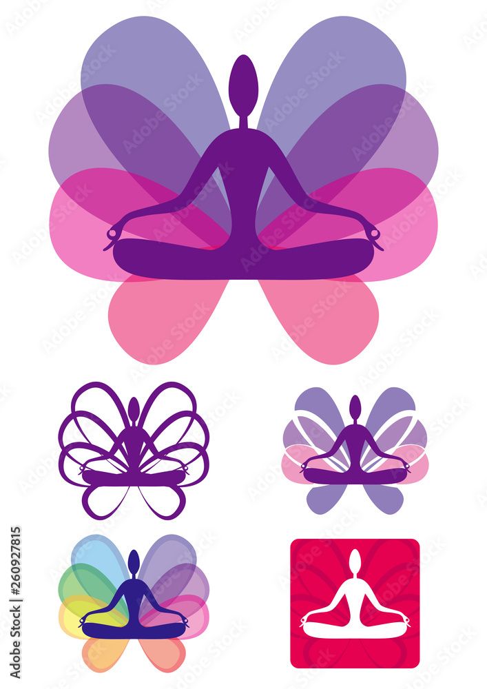 Yoga butterfly emblem set/Illustration symbols with a yoga butterfly pose for design variations Yoga butterfly emblem set/Illustration symbols with a yoga butterfly pose for design variations