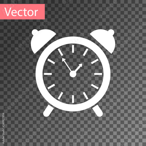 White Alarm clock icon isolated on transparent background. Wake up, get up concept. Time sign. Vector Illustration