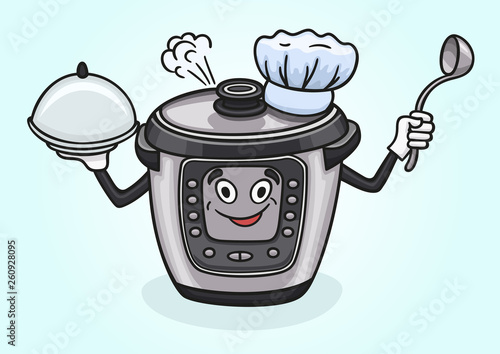 Cartoon multicooker prepared for the next portion of food.